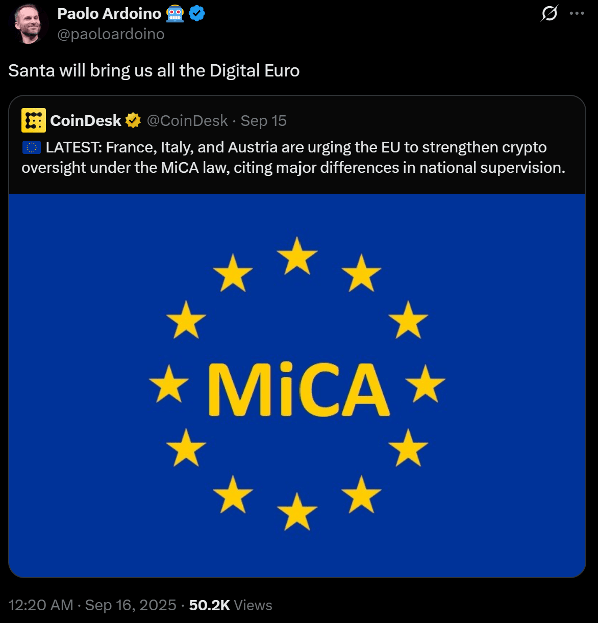 Tweet by Paolo Ardoino regarding the “Digital Euro” with an embedded CoinDesk post about stricter MiCA oversight; EU flag with yellow “MiCA” lettering.